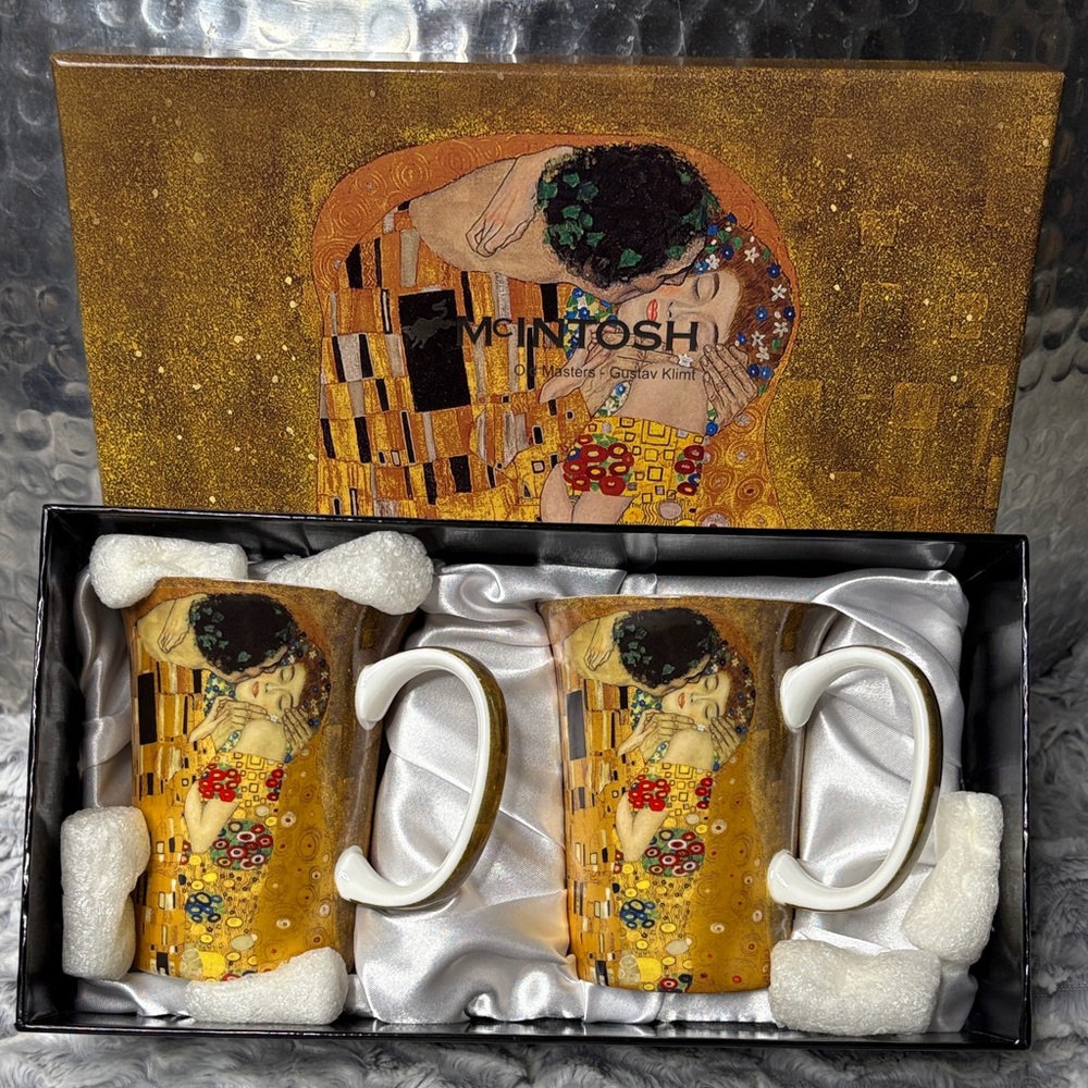 🆕 NWT McIntosh Gustav Klimt The Kiss Art Gold Porcelain Coffee Tea 2 Cup Mug Set